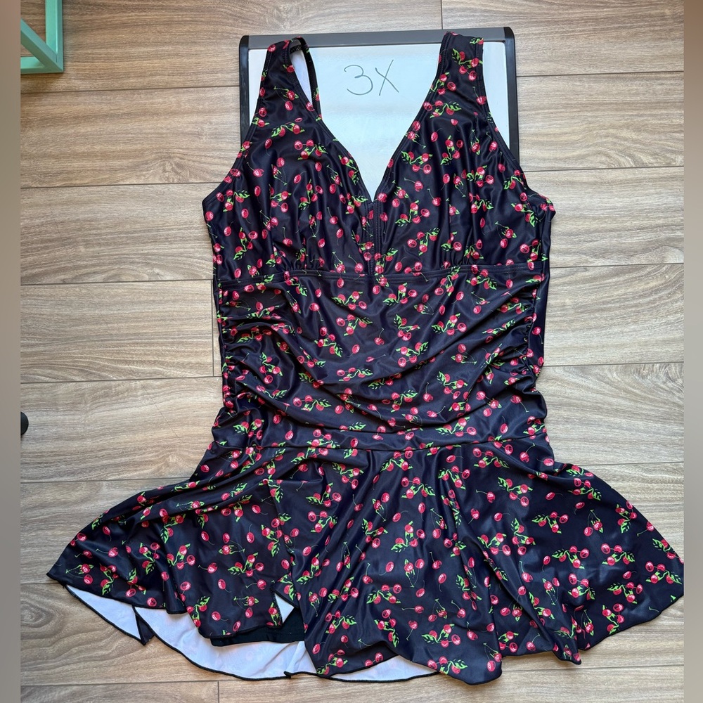 Black Cherry Print One Piece Swim Dress 3X